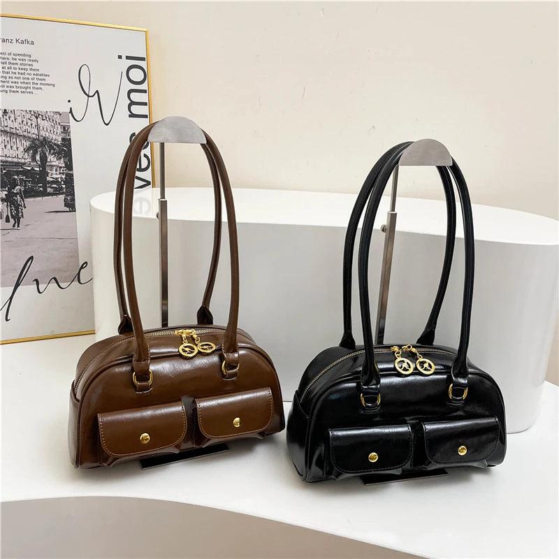 Double Snap Pockets Retro Leather Shoulder Bags Women Zipper Tote Handbags