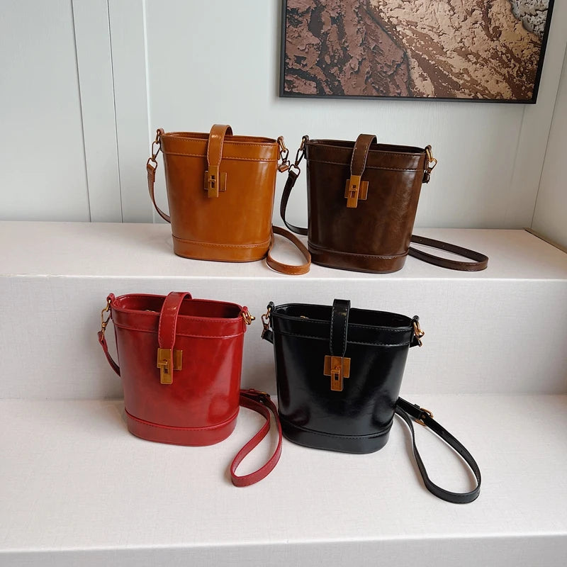 Small PU Leather Bucket Crossbody Bags Women Zipper Turn Lock Solid Handbags