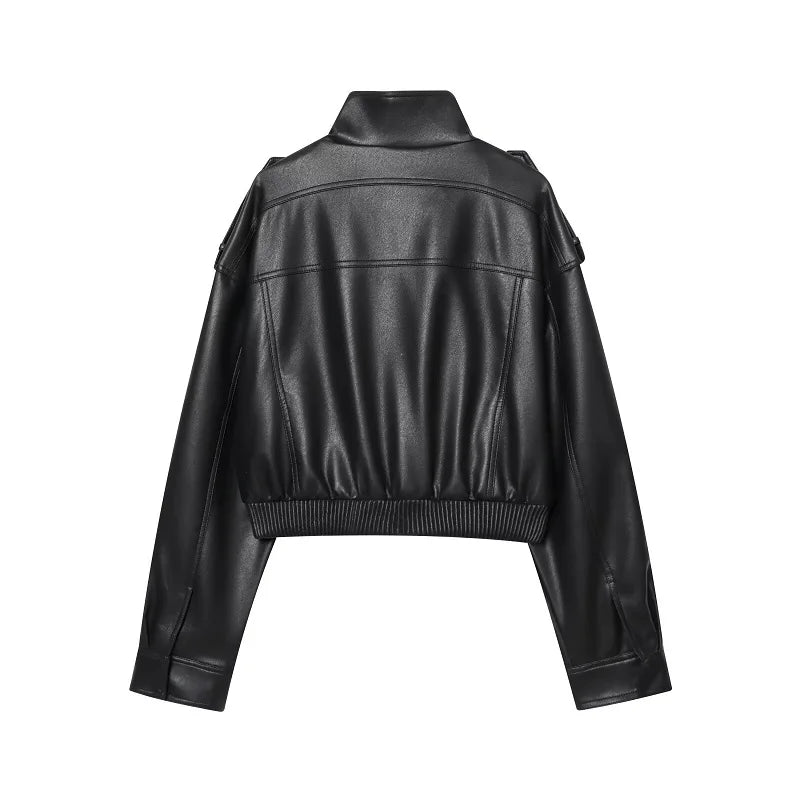 Women's High-Neck Zip-Up Moto Jacket with Pockets