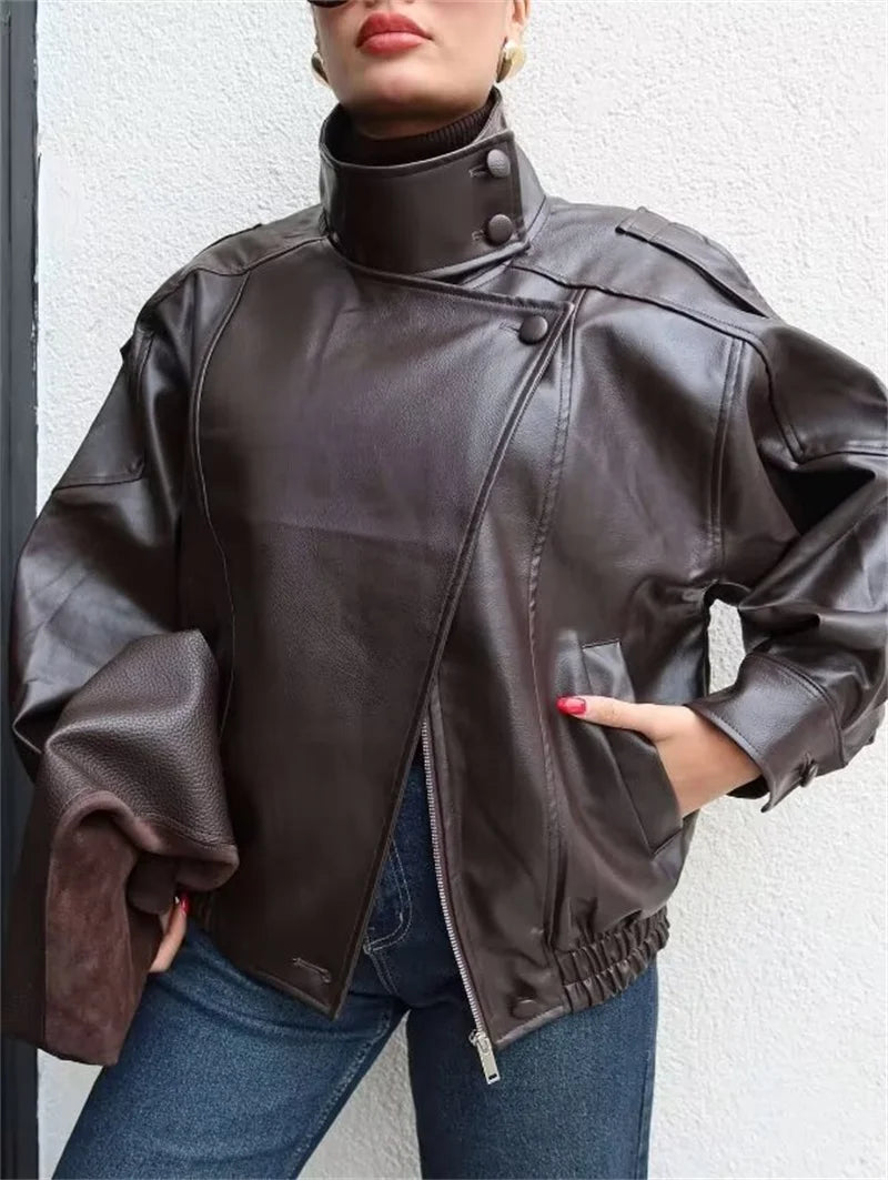 Women's Jacket Pebble Faux Leather Full-Sleeve Moto-Style Zipper Casual Coat
