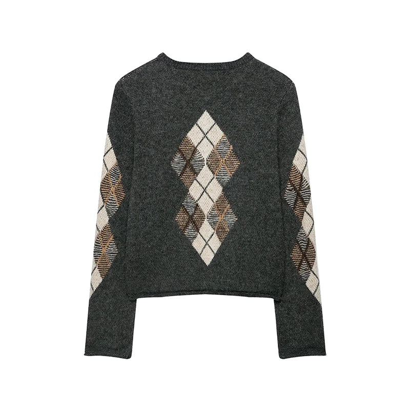 Women's Diamond Argyle Knit Button-Front Cardigan Casual Fashion Sweater
