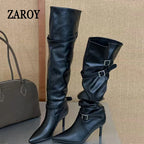 Women's Black Buckle Knee-High Boots with Stiletto Heels