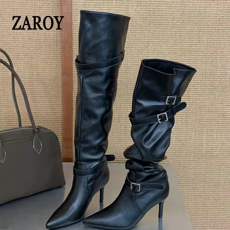 Women's Black Buckle Knee-High Boots with Stiletto Heels