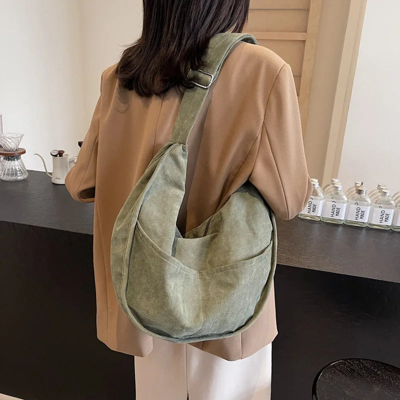 Large Suede Retro Shoulder Bag Women Zipper Soft Outer Pockets Hobo Handbags