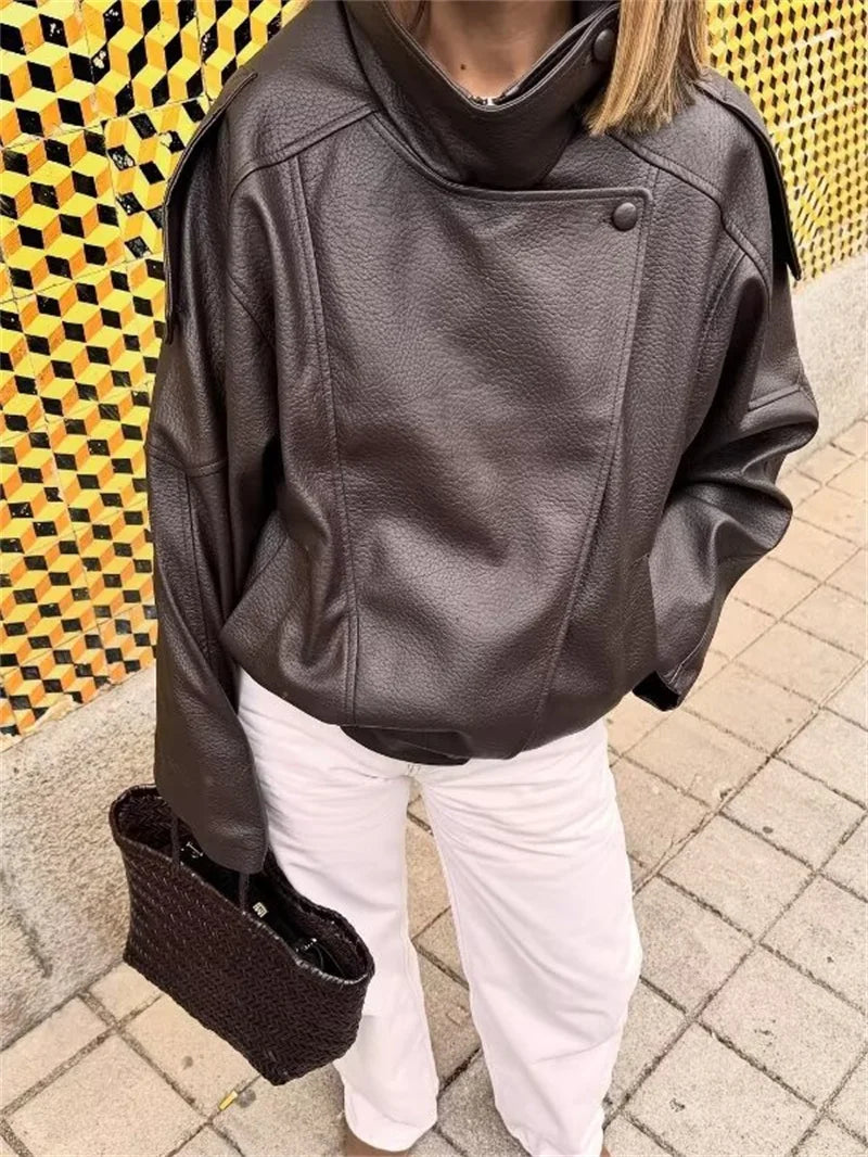 Women's Jacket Pebble Faux Leather Full-Sleeve Moto-Style Zipper Casual Coat
