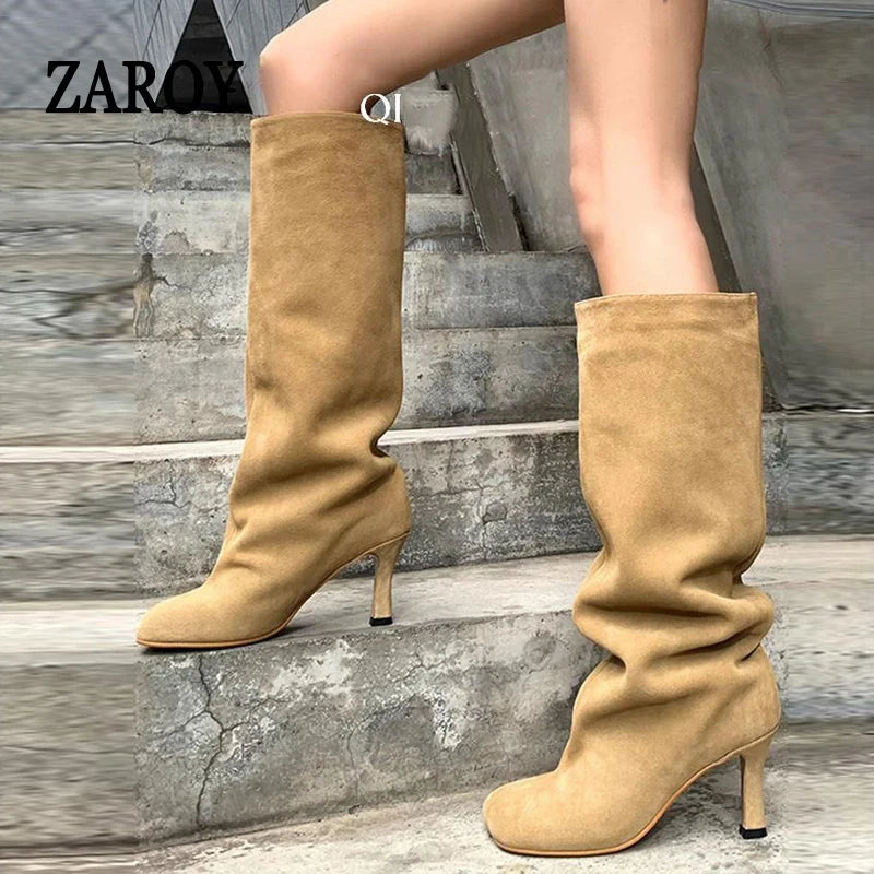 Women's Slouchy Faux Suede Knee-High Heeled Boots
