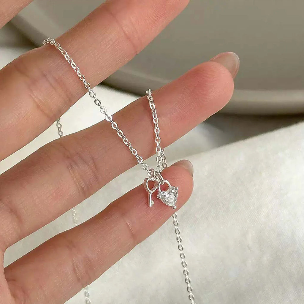 S925 Sterling Silver Unique Key and Heart Pendant Necklace Women Chain Jewelry