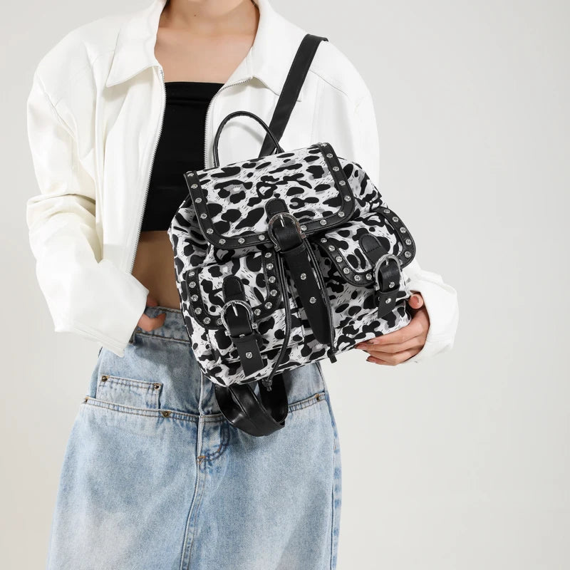 Leopard Rivets Backpacks Design Small Leather Women Drawstring Flap Belt Outer Pockets