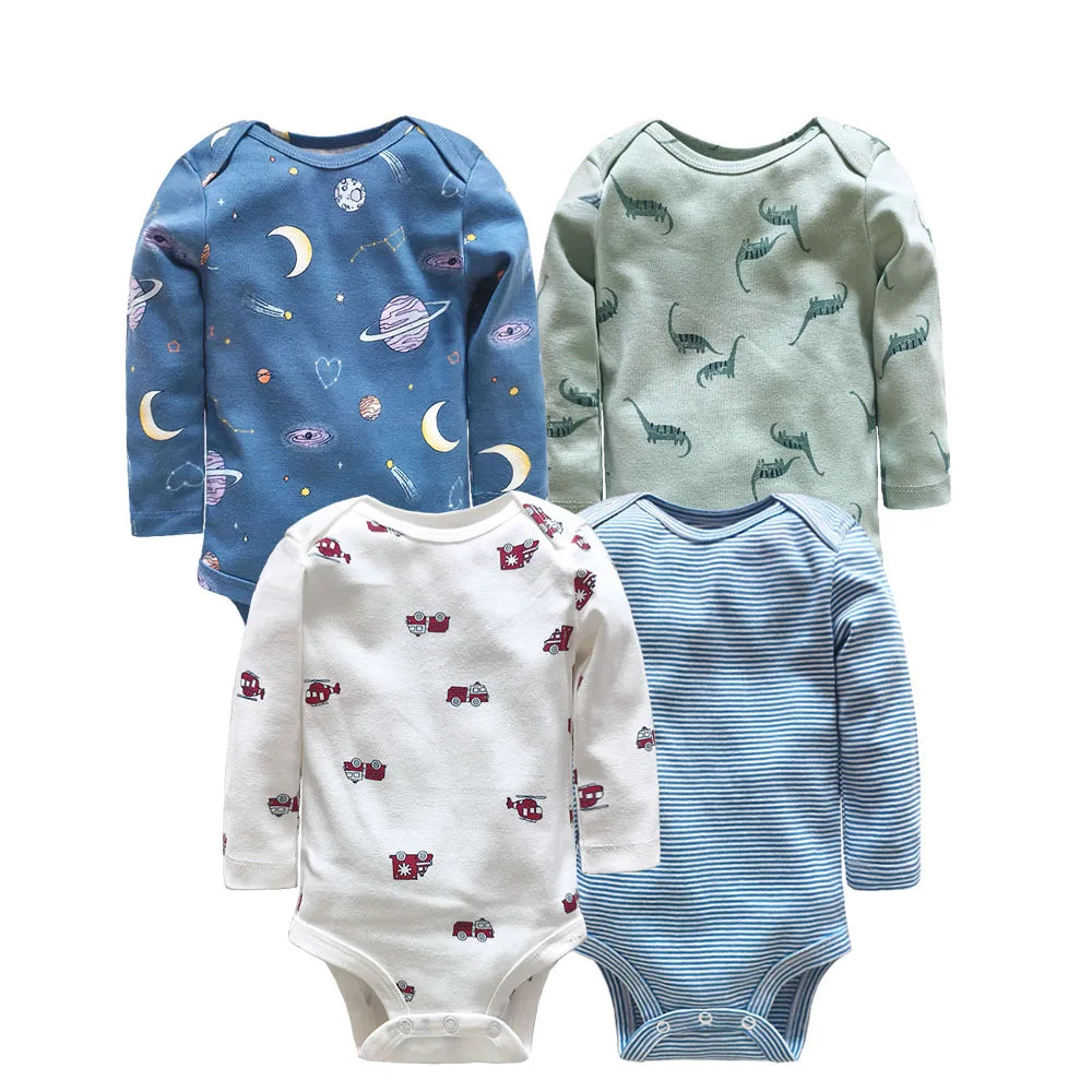 Collection of four bodysuits including space, dinosaur, fire truck, and stripe designs