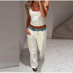 Women's Denim Patchwork Wide-Leg Ankle Jeans Drawstring Low Waist Loose Fit Casual Trendy Bottoms