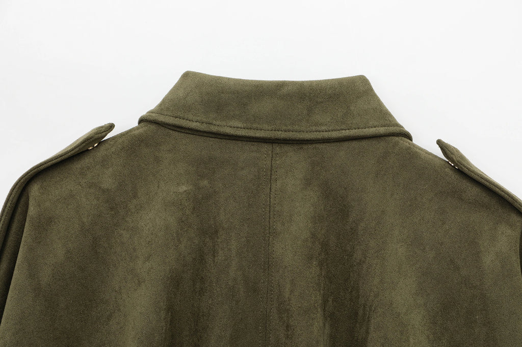 Women's Jacket Vintage Green Ruched Full-Zip Button-Up Collar Asymmetric-Hem Streetwear Coat