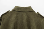 Women's Jacket Vintage Green Ruched Full-Zip Button-Up Collar Asymmetric-Hem Streetwear Coat