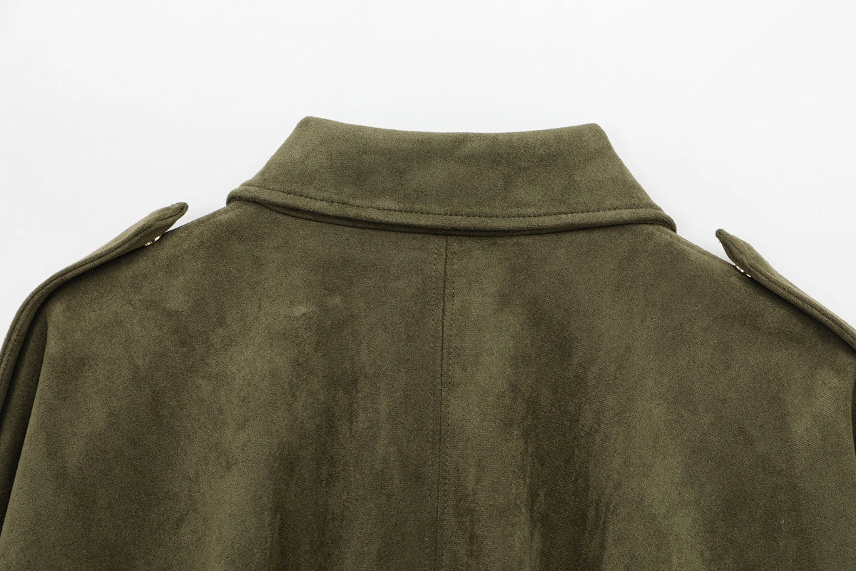 Women's Jacket Vintage Green Ruched Full-Zip Button-Up Collar Asymmetric-Hem Streetwear Coat
