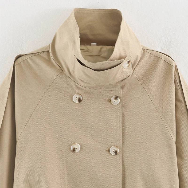 Khaki Belted Short Trench Coat for Women