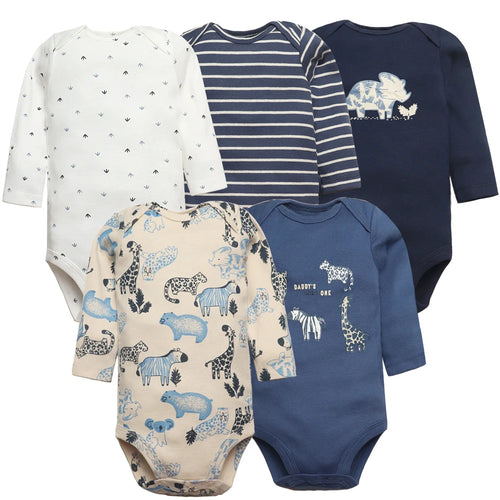 Five long sleeve baby bodysuits in navy, beige, and white with safari prints including rhinos, zebras, and arrows