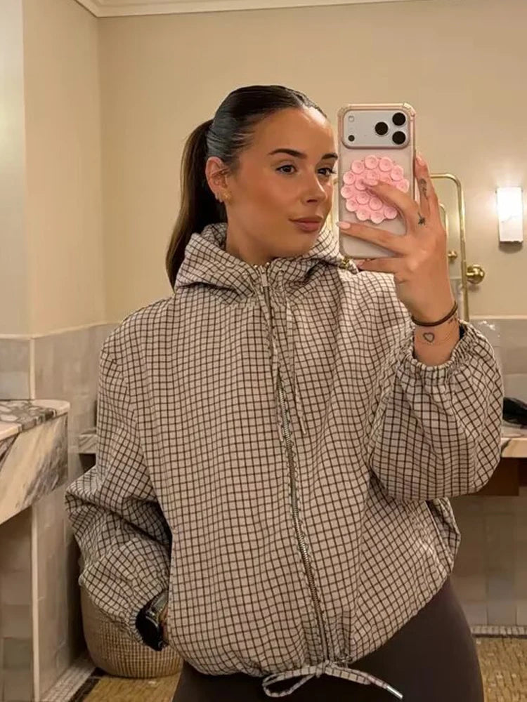 Women's Jacket Plaid Hooded Full-Zip Loose Turn-Down Collar Full-Sleeve Varsity Bomber Coat