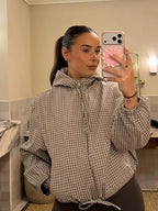 Women's Jacket Plaid Hooded Full-Zip Loose Turn-Down Collar Full-Sleeve Varsity Bomber Coat