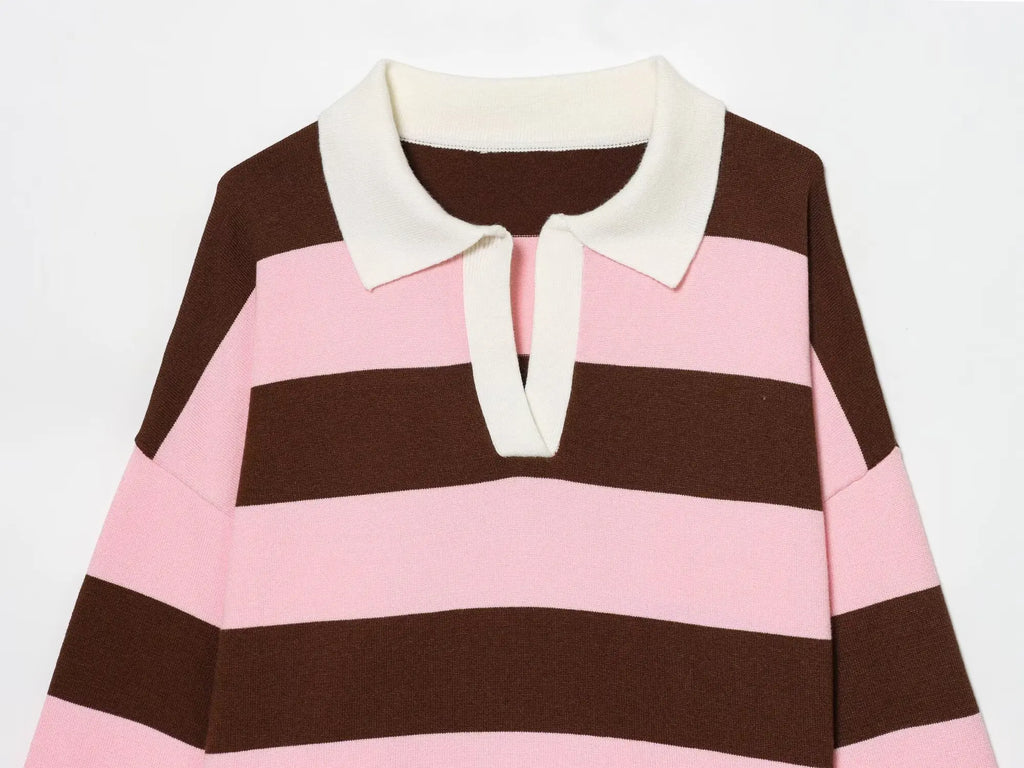 Women's Striped Polo Sweater Casual Long Sleeve Loose Pullover