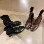 Women's Square-Toe Block Heel Ankle Boots with Back Zipper