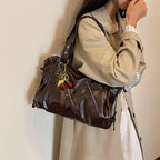 Women's Faux Leather Tote Shoulder Bag with Charm