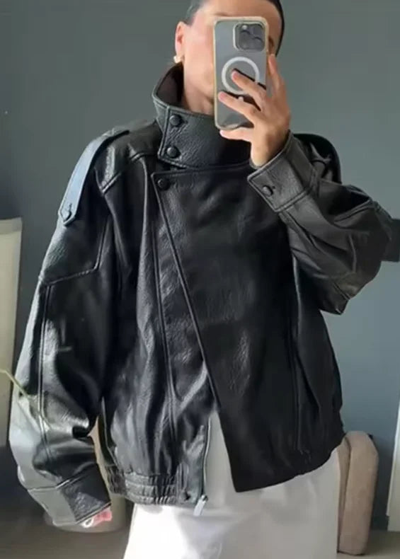 Women's Jacket Jacket Motorcycle Style 2026 Autunm Black Long Sleeve Pebble Faux Leather Fashion