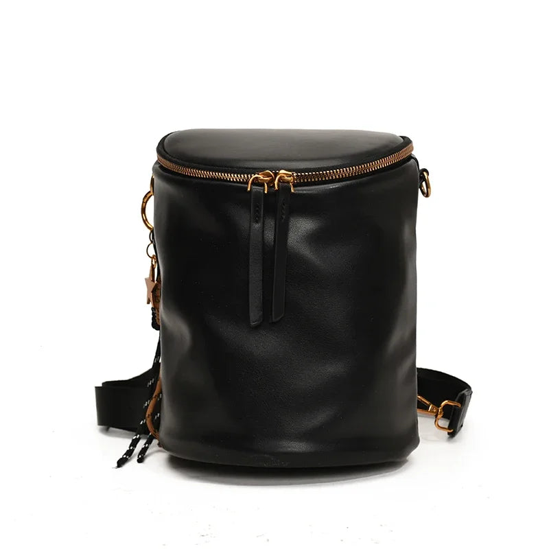 Small PU Leather Bucket Bags Barrel Women Zipper Soft Backpack Shoulder Bags