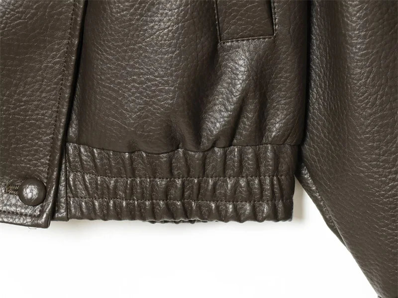 Women's Jacket Pebble Faux Leather Full-Sleeve Moto-Style Zipper Casual Coat