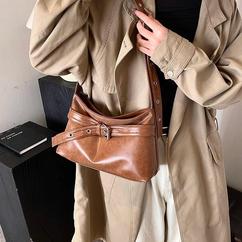 Leather Shoulder Bags Women Belt Buckle Soft Handbags Zipper Ajustable Strap