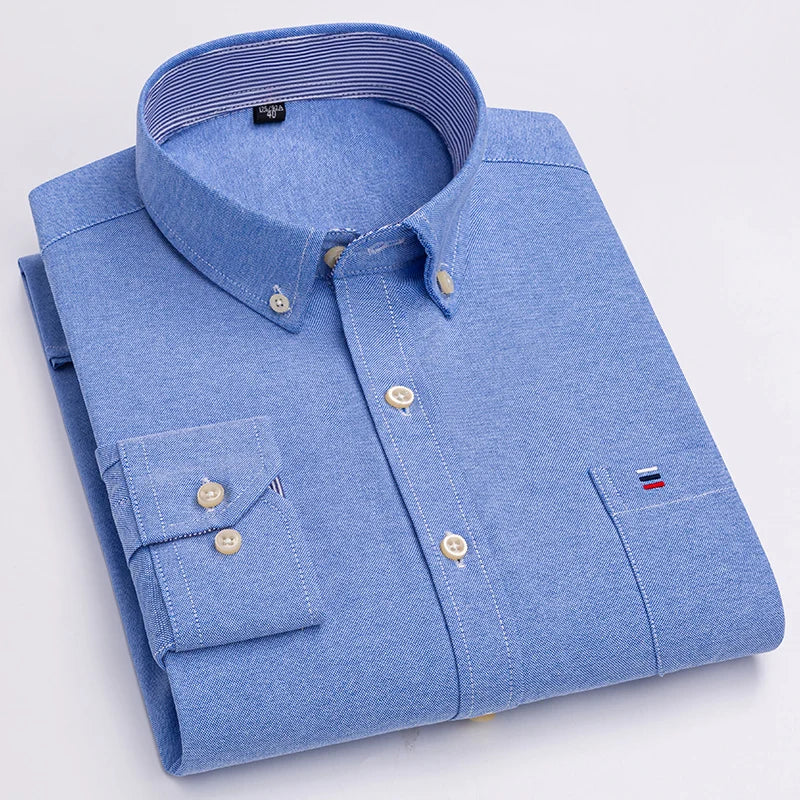Men's Shirt Solid Oxford Cotton Square Collar Full-Sleeve Single-Breasted Smart Casual Dress Shirt
