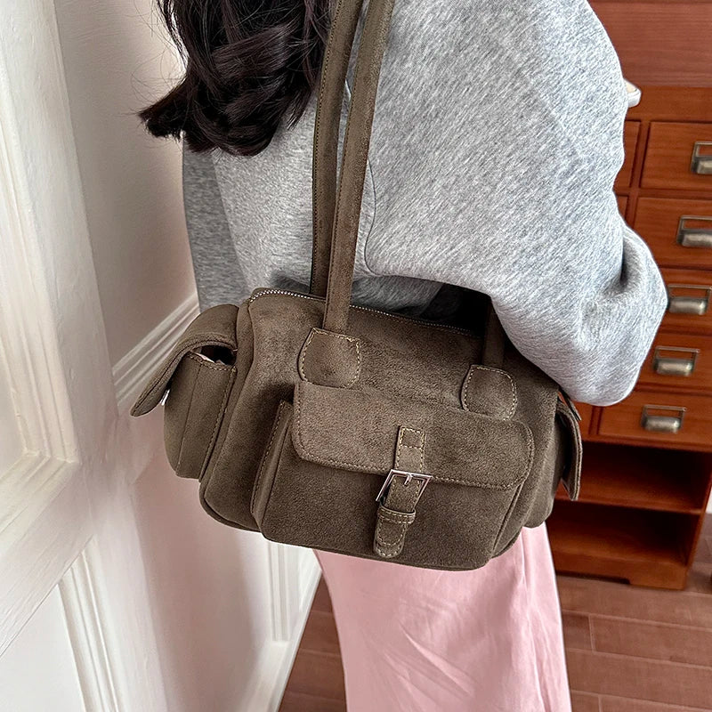 Women's Shoulder Bag Vintage Faux-Suede Baguette Zipper Underarm Bag with Phone Pocket