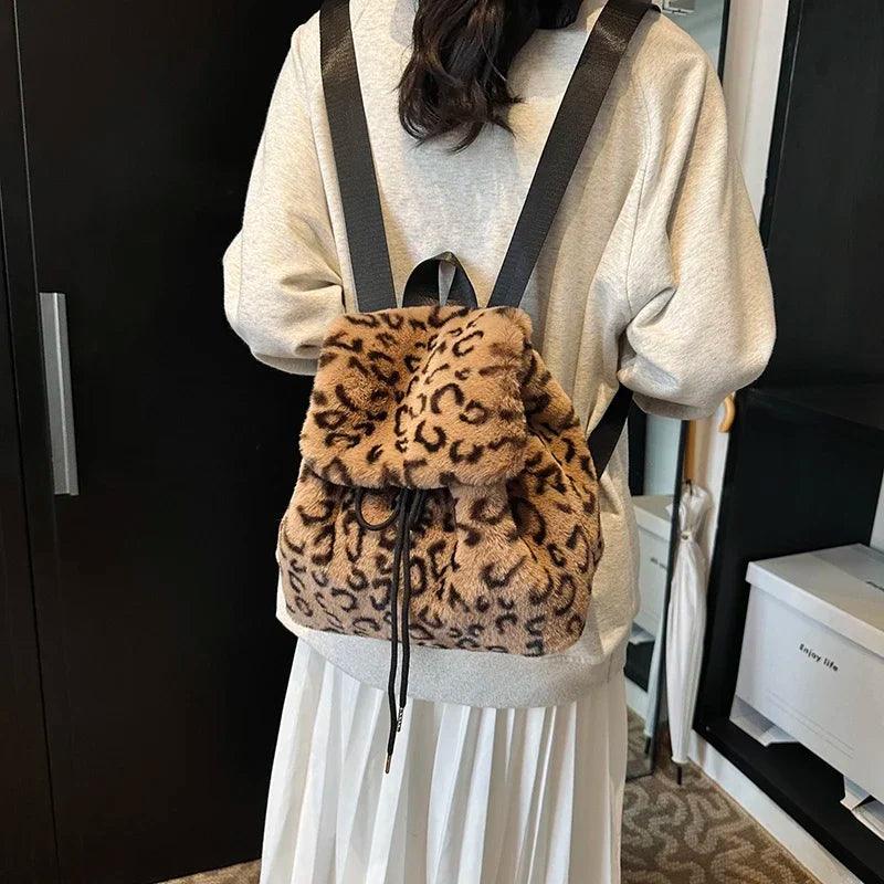 Faux Fur Small Leopard Backpacks Women's Flap Drawstring Soft Solid Shoulder Bag