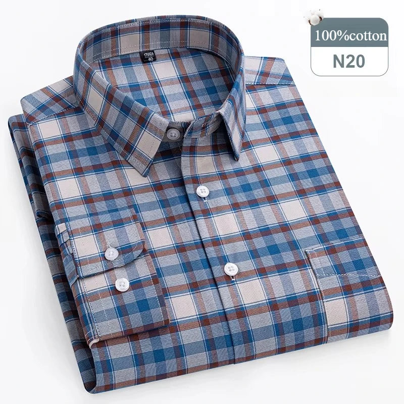 Plus Size 14XL 100%Cotton Long-Sleeve Shirts for Men Slim Fit Formal Plain Shirt Soft Plaid Striped Tops Office Elegants Clothes