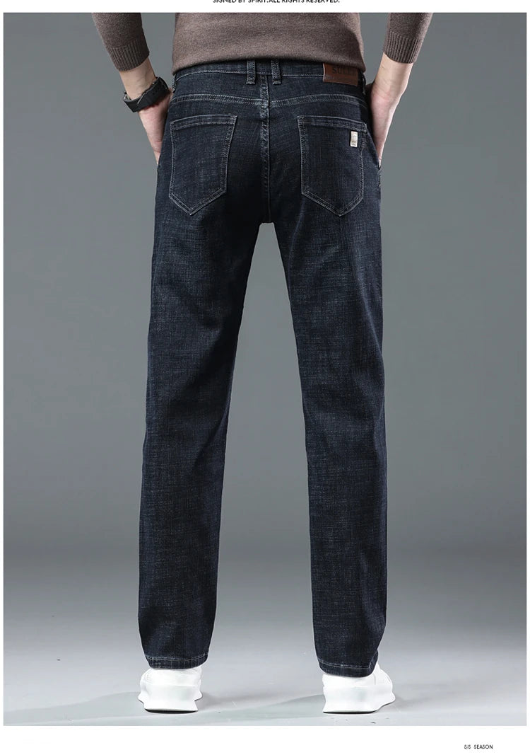 New High Quality Jeans Men's Business Casual Straight Denim Pants Stretch Fashion Classic Work Trousers Blue Black Male