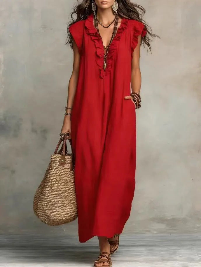 Boho Maxi Dress with Pockets – Ruffle V-Neck Sleeveless Beach Dress