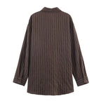 Women's Blouse Brown Striped Full-Sleeve Loose-Fit Single-Breasted Turn-Down Collar Shirt