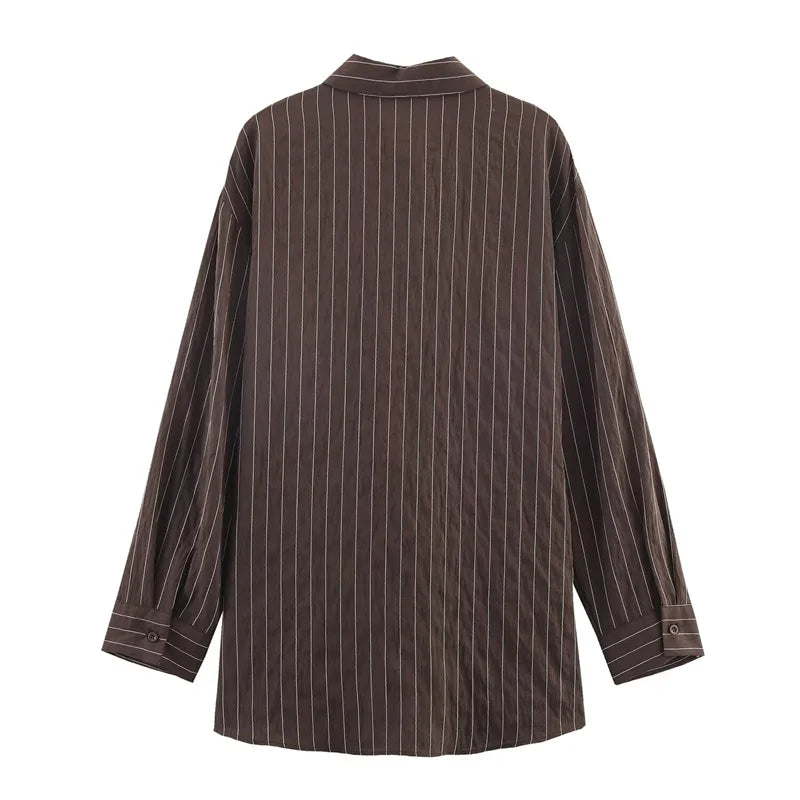 Women's Blouse Brown Striped Full-Sleeve Loose-Fit Single-Breasted Turn-Down Collar Shirt