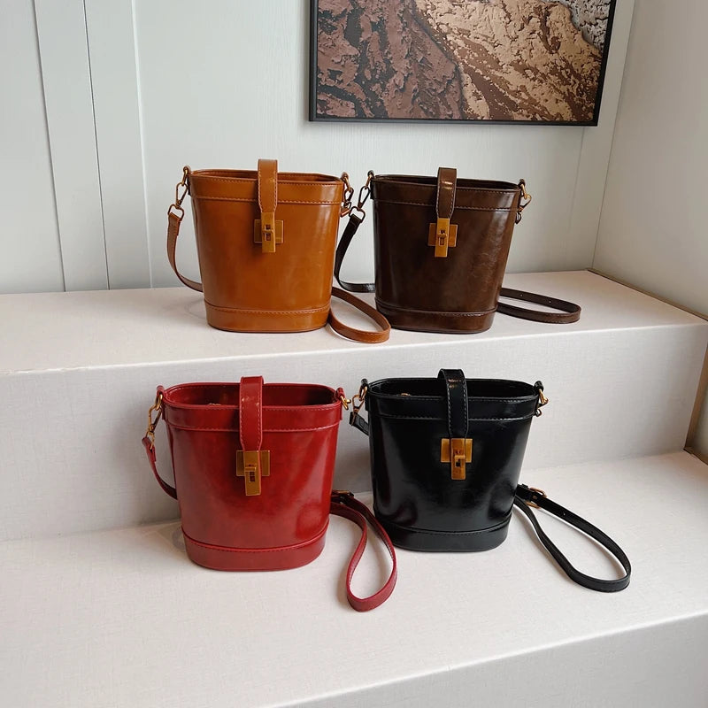 Small PU Leather Bucket Crossbody Bags Women Zipper Turn Lock Solid Handbags