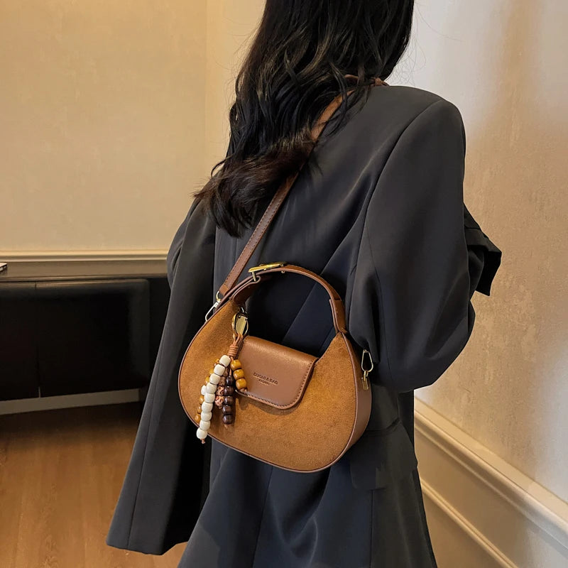 Women's Retro PU Leather Small Saddle Bag – Crossbody Shoulder Handbag with Pendant