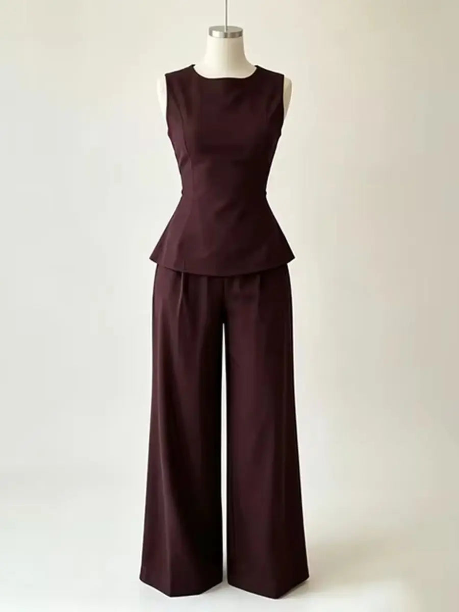 2026 Women Casual Set Elegant Back Tie Sleeveless Peplum Top + Wide Leg Pants 2 Pieces