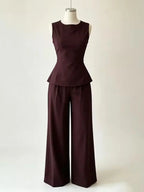 2026 Women Casual Set Elegant Back Tie Sleeveless Peplum Top + Wide Leg Pants 2 Pieces
