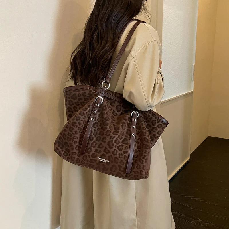 Vintage Leopard Tote Shoulder Bag – Large Capacity Handbag