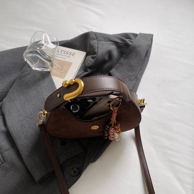 Women's Retro PU Leather Small Saddle Bag – Crossbody Shoulder Handbag with Pendant