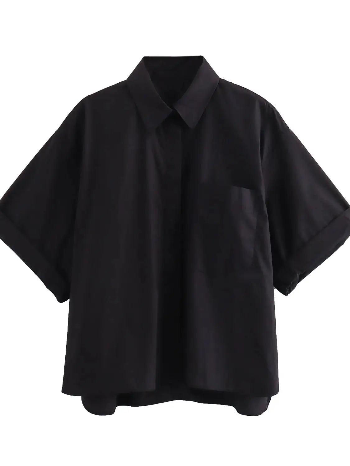 Pocket Poplin Shirt Collared Short Sleeve Front Button Tops black S7f5e90c10f6f4acbae96e3a7b57548ed0 STYLEINGER