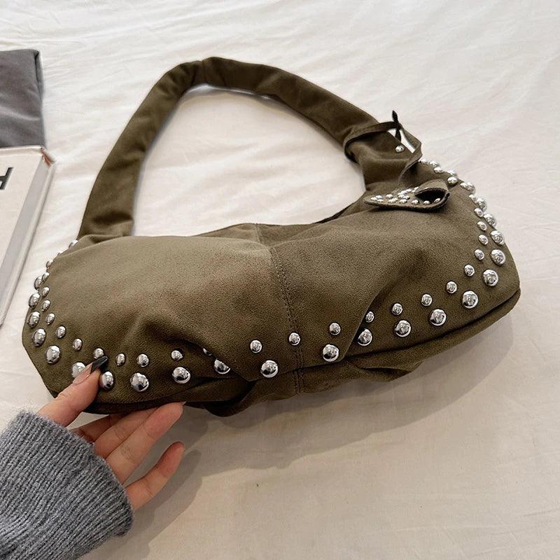 Suede Retro Rivets Design Shoulder Bag Women Snap Large Handbags Soft Tote Bags