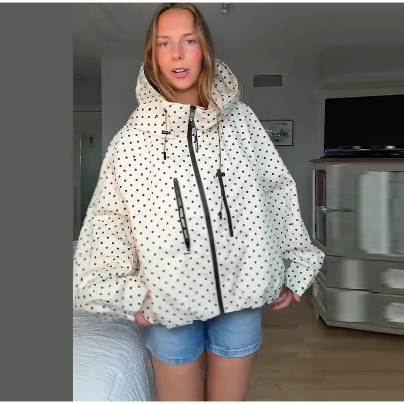 Polka Dot Hooded Women's Jacket Chic Turtleneck Zipper Long Sleeve Pockets Thin Coat 2026 Autumn Outerwear