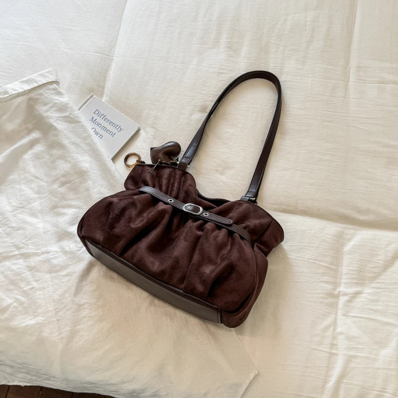 Women's Shoulder Bag Vintage Ruched PU Leather Zipper Tote Bag with Phone Pocket & Charm