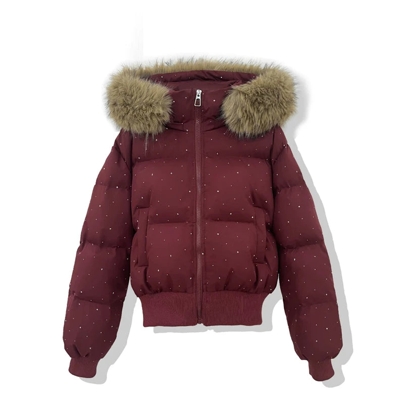 Women's Rhinestone Hooded Puffer Jacket with Plush Trim