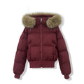 Women's Rhinestone Hooded Puffer Jacket with Plush Trim