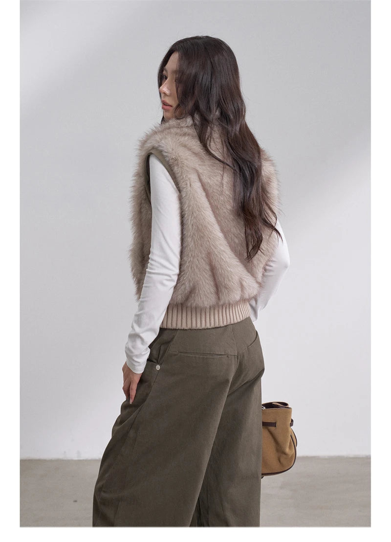 Women's Cropped Faux Fur Jacket with Ribbed Knit Sleeves