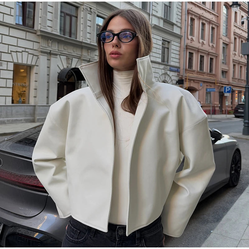 Urban Solid Pu Leather Women Jacket Street Stand Collar Long Sleeve Female Outwear 2026 Autumn Winter Chic New Lady Streetwear